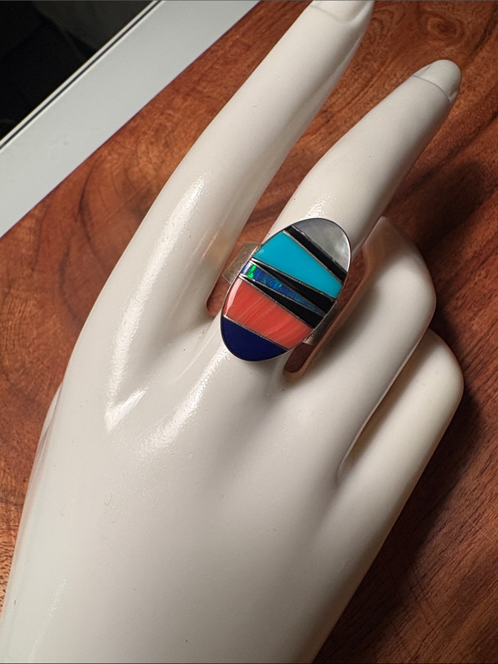 Zuni or Navajo Multi-Stone Inlay Sterling Silver Ring - Size 9
